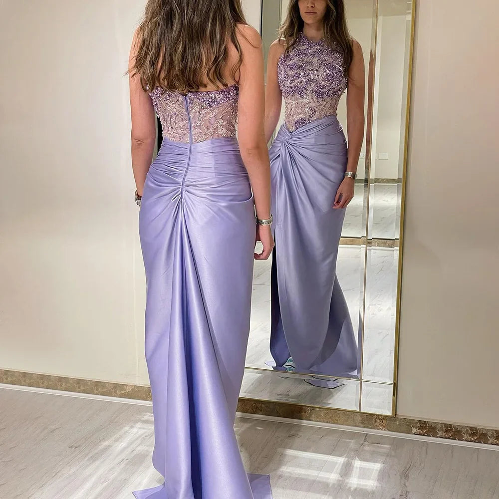 2025 Arabic Lilac Halter Neck Side Split Mermaid Luxury Dubai Evening Gown Beaded Dress for Women's Party LA72668
