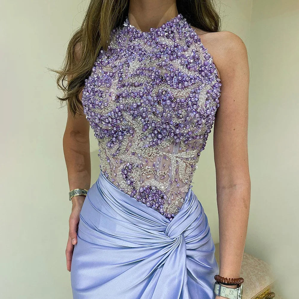2025 Arabic Lilac Halter Neck Side Split Mermaid Luxury Dubai Evening Gown Beaded Dress for Women's Party LA72668