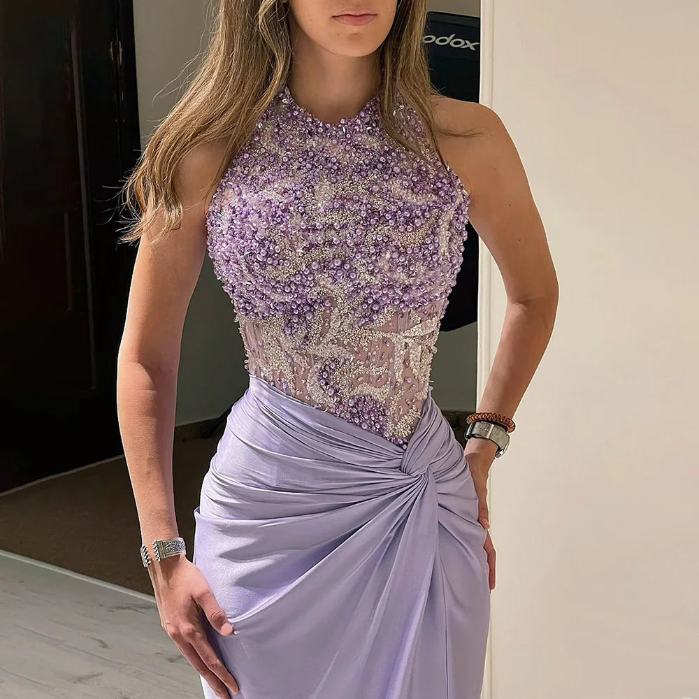2025 Arabic Lilac Halter Neck Side Split Mermaid Luxury Dubai Evening Gown Beaded Dress for Women's Party LA72668