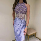 2025 Arabic Lilac Halter Neck Side Split Mermaid Luxury Dubai Evening Gown Beaded Dress for Women's Party LA72668