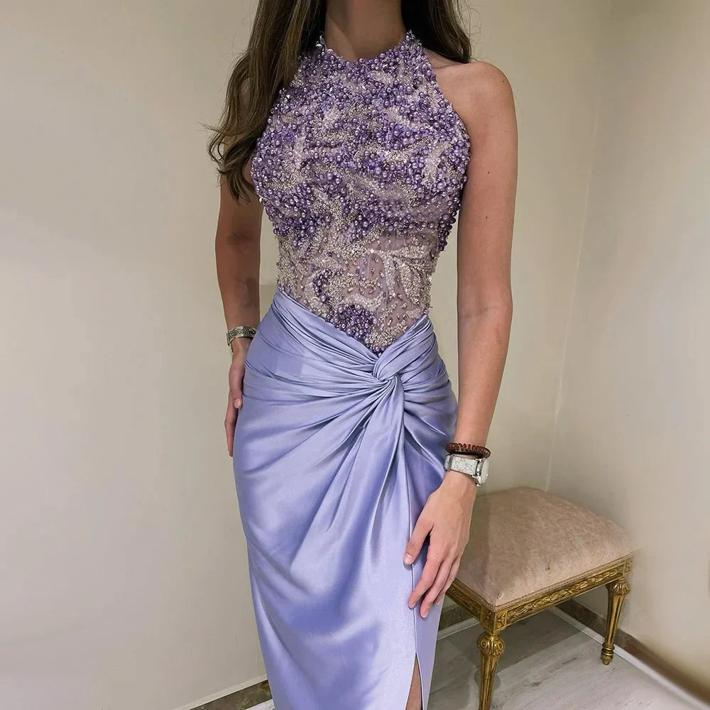 2025 Arabic Lilac Halter Neck Side Split Mermaid Luxury Dubai Evening Gown Beaded Dress for Women's Party LA72668