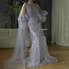 2025 Arabic Lilac Mermaid Puffy Sleeves Sparkling Beaded Long Evening Dresses Gowns for Formal Occasion LA72745