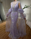 2025 Arabic Lilac Mermaid Puffy Sleeves Sparkling Beaded Long Evening Dresses Gowns for Formal Occasion LA72745