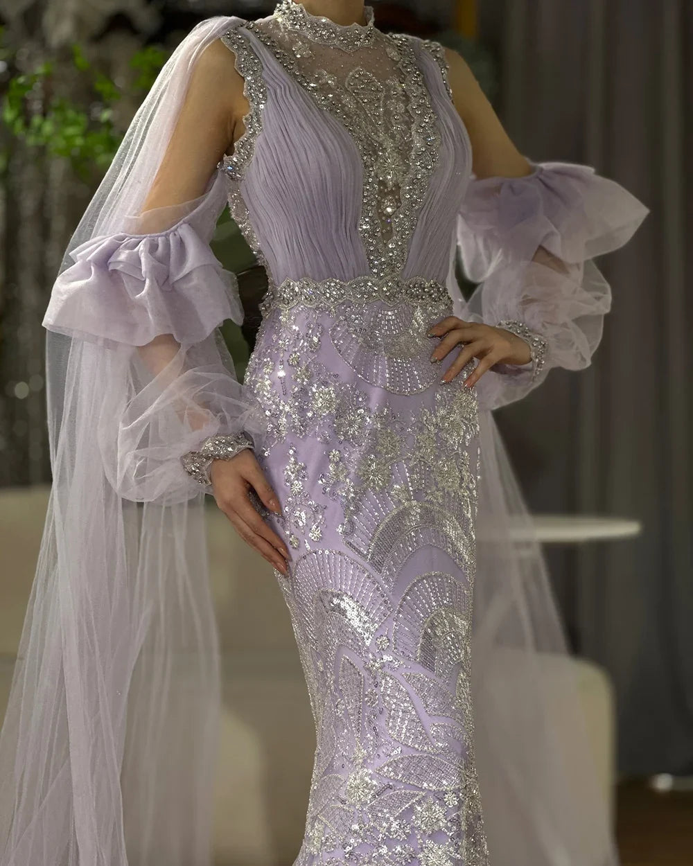 2025 Arabic Lilac Mermaid Puffy Sleeves Sparkling Beaded Long Evening Dresses Gowns for Formal Occasion LA72745