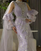 2025 Arabic Lilac Mermaid Puffy Sleeves Sparkling Beaded Long Evening Dresses Gowns for Formal Occasion LA72745