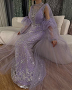 2025 Arabic Lilac Mermaid Puffy Sleeves Sparkling Beaded Long Evening Dresses Gowns for Formal Occasion LA72745