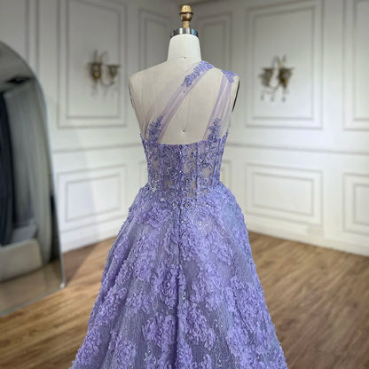 2025 Arabic Lilac One-Shoulder A-Line Lace Appliques Luxury Prom Dress for Formal Occasion LA72619
