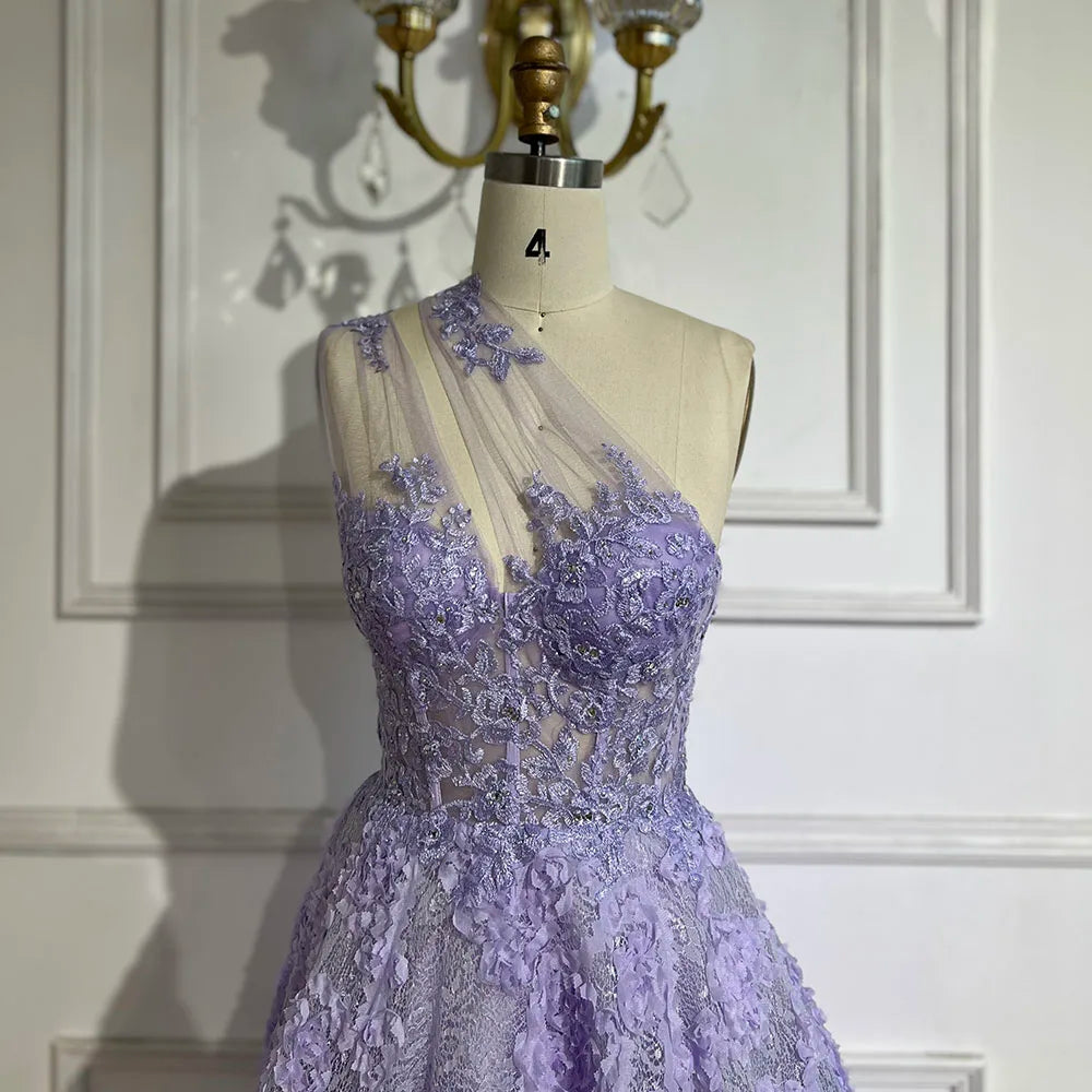 2025 Arabic Lilac One-Shoulder A-Line Lace Appliques Luxury Prom Dress for Formal Occasion LA72619