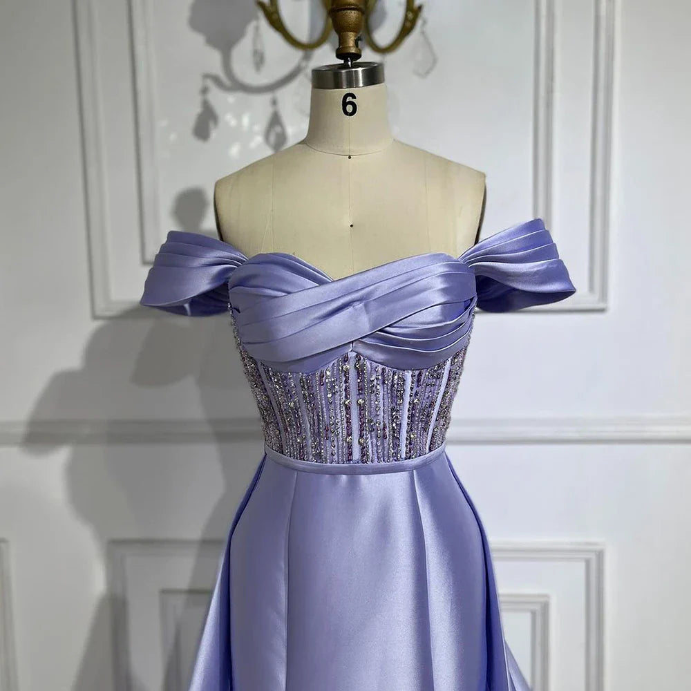 2025 Arabic Lilac Satin Long Evening Dress With Overskirt - Elegant Beaded Party Gown for Women's Wedding LA72359