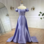 2025 Arabic Lilac Satin Long Evening Dress With Overskirt - Elegant Beaded Party Gown for Women's Wedding LA72359