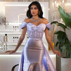 2025 Arabic Lilac Satin Long Evening Dress With Overskirt - Elegant Beaded Party Gown for Women's Wedding LA72359