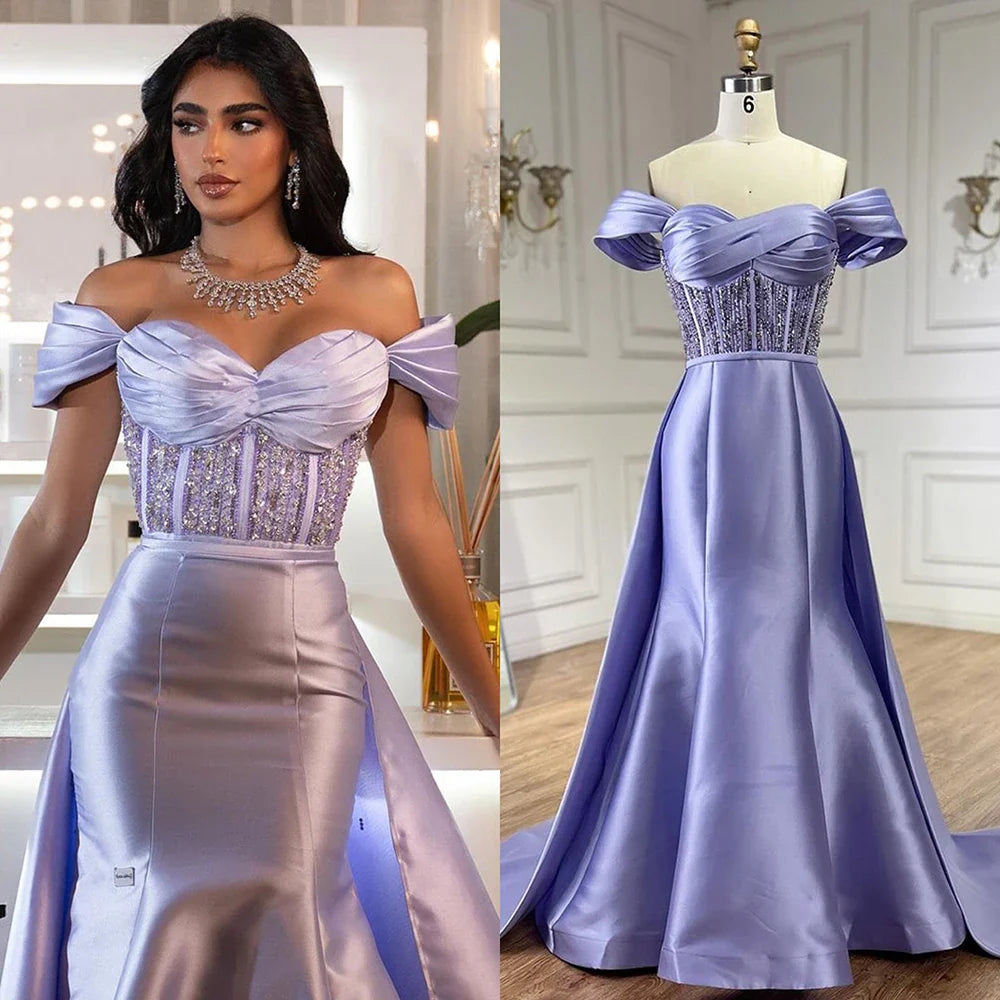 2025 Arabic Lilac Satin Long Evening Dress With Overskirt - Elegant Beaded Party Gown for Women's Wedding LA72359