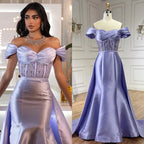 2025 Arabic Lilac Satin Long Evening Dress With Overskirt - Elegant Beaded Party Gown for Women's Wedding LA72359