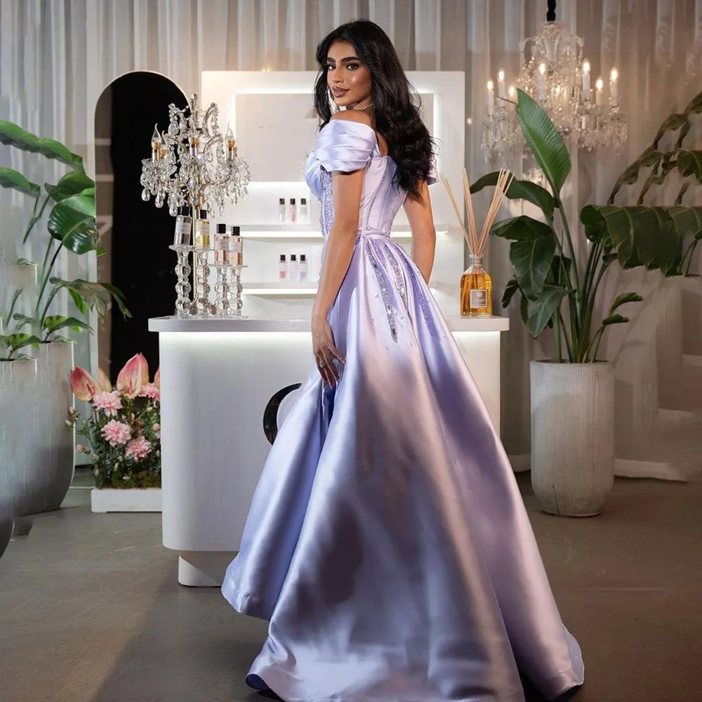 2025 Arabic Lilac Satin Long Evening Dress With Overskirt - Elegant Beaded Party Gown for Women's Wedding LA72359