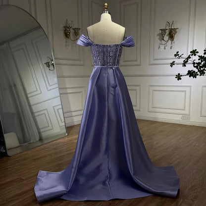 2025 Arabic Lilac Satin Long Evening Dress With Overskirt - Elegant Beaded Party Gown for Women's Wedding LA72359