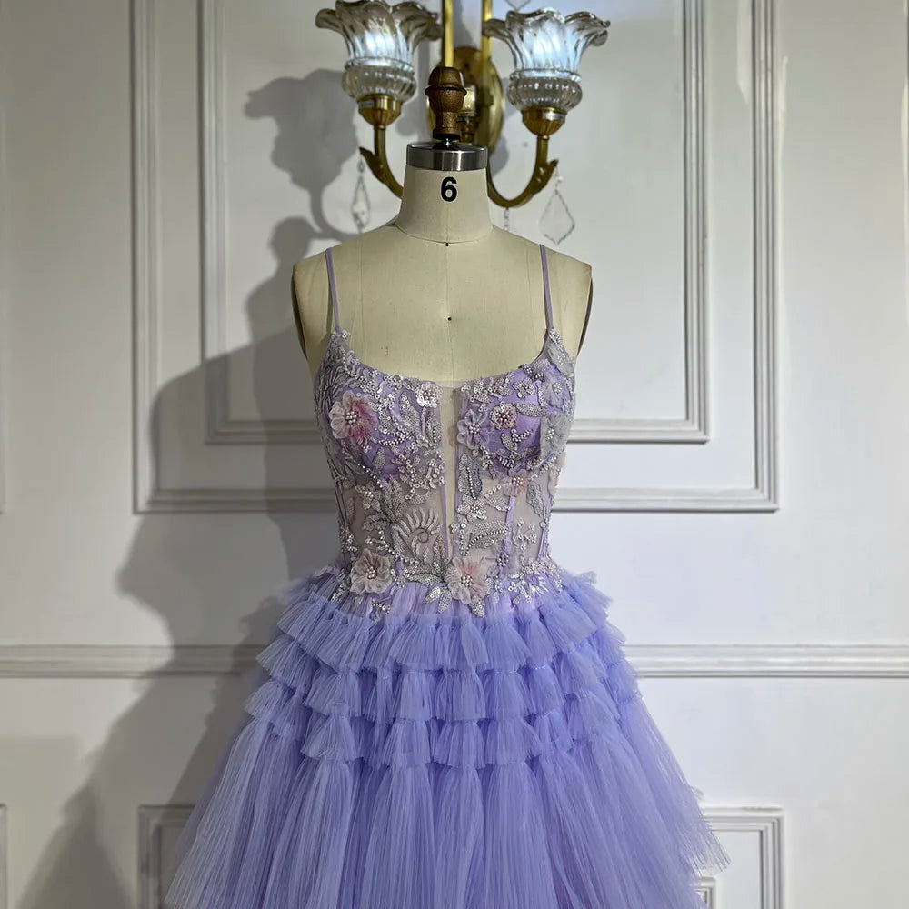 2025 Arabic Lilac Spaghetti Strap Tiered A-Line Lace Appliques Luxury Evening Gown for Women's Party LA72618