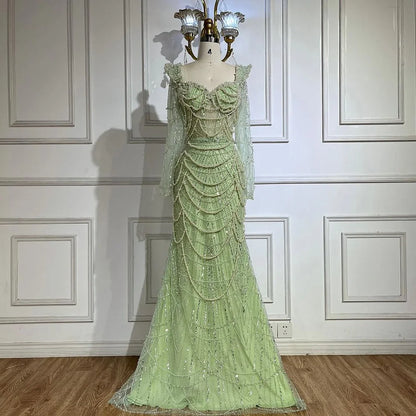 2025 Arabic Sage Green Sweetheart Mermaid Pearls Beaded Luxury Dubai Evening Gown for Women's Party LA72660