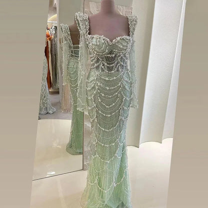 2025 Arabic Sage Green Sweetheart Mermaid Pearls Beaded Luxury Dubai Evening Gown for Women's Party LA72660
