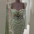 2025 Arabic Sage Green Sweetheart Mermaid Pearls Beaded Luxury Dubai Evening Gown for Women's Party LA72660