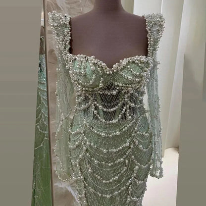2025 Arabic Sage Green Sweetheart Mermaid Pearls Beaded Luxury Dubai Evening Gown for Women's Party LA72660
