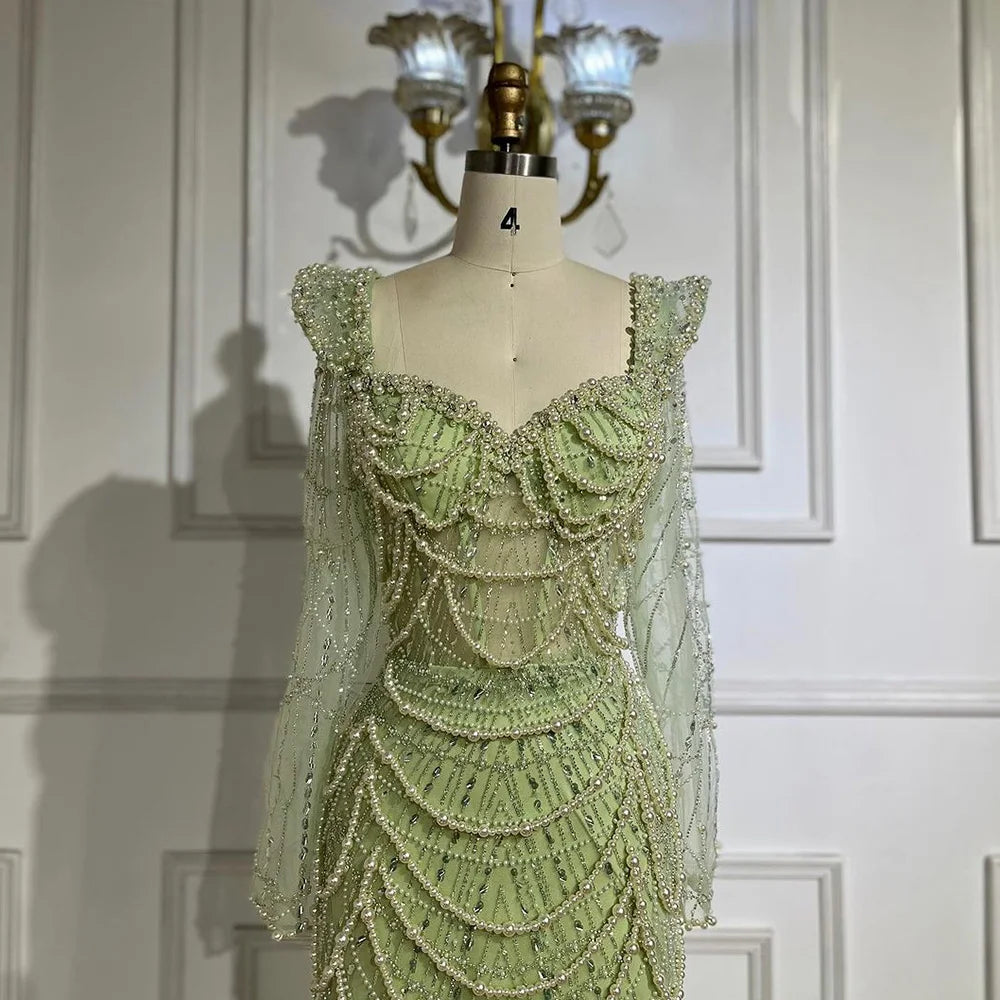 2025 Arabic Sage Green Sweetheart Mermaid Pearls Beaded Luxury Dubai Evening Gown for Women's Party LA72660