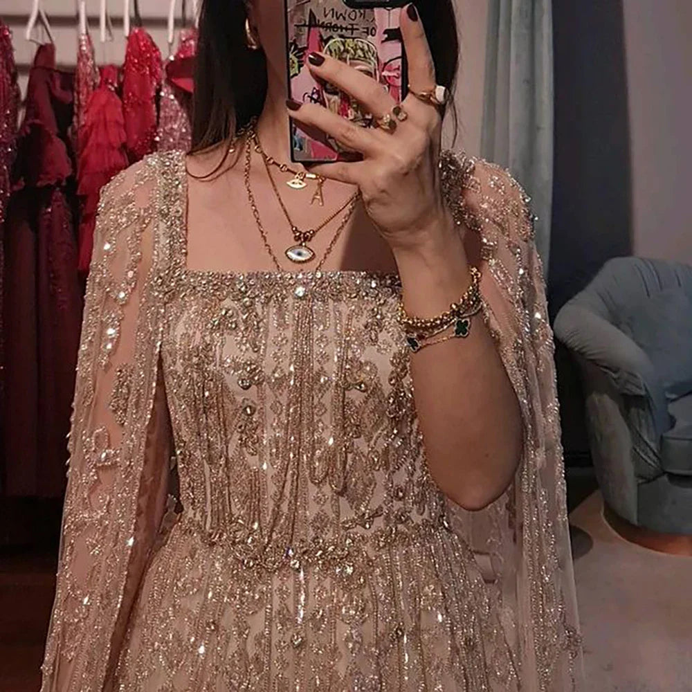 2025 Arabic Nude A Line Cape Sleeve Crystal Beaded Luxury Saudi Evening Dresses Gowns For Formal Occasion LA72764