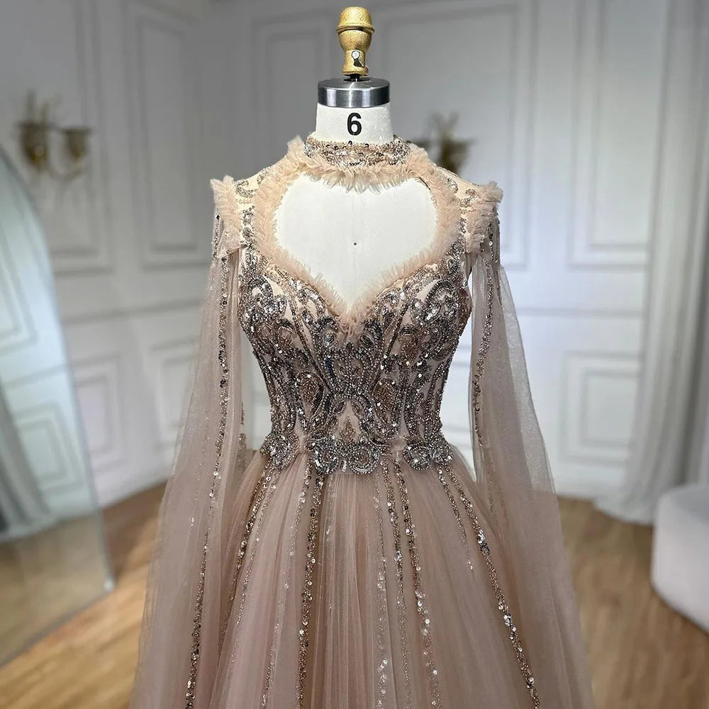 2025 Arabic Nude A Line Elegant Cape Sleeves Beaded Luxury Evening Dresses Gowns for Women Wedding Party LA72384