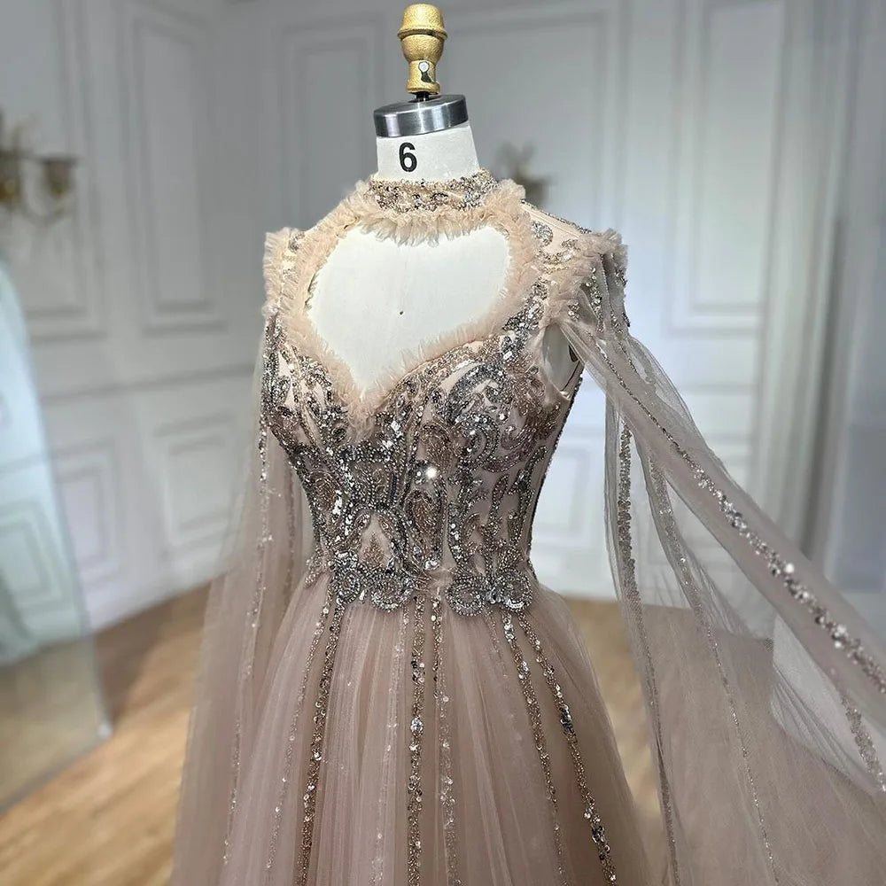 2025 Arabic Nude A Line Elegant Cape Sleeves Beaded Luxury Evening Dresses Gowns for Women Wedding Party LA72384