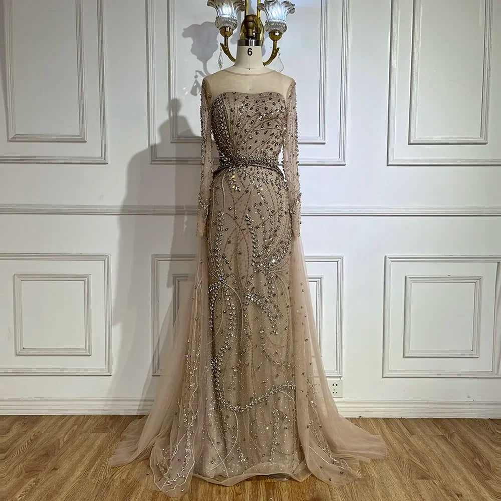 2025 Arabic Nude Elegant Mermaid Evening Gowns with Beaded Skirt Lace-Up for Women's Wedding Party LA72375
