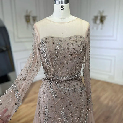2025 Arabic Nude Elegant Mermaid Evening Gowns with Beaded Skirt Lace-Up for Women's Wedding Party LA72375