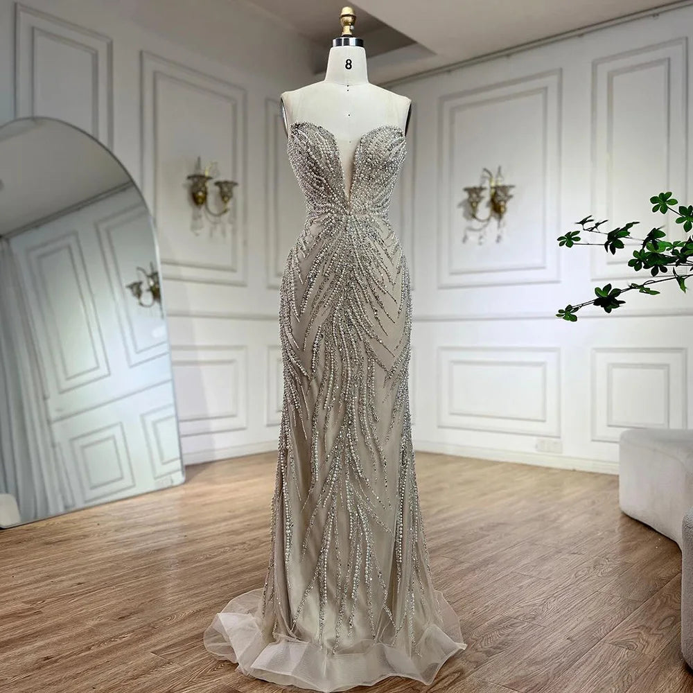 2025 Arabic Nude Halter Neck Mermaid Pearls Beaded Luxury Dubai Evening Gown for Women's Party LA72696
