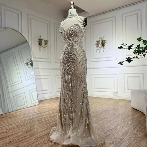 Vestido de noche de lujo estilo sirena, con cuello halter, perlas y cuentas, estilo árabe, para mujer, LA72696 
