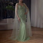 2025 Arabic Nude Mermaid Cape Sleeve Beaded Luxury Saudi Evening Gown for Formal Occasion LA72748