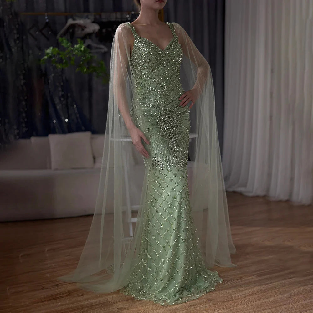 2025 Arabic Nude Mermaid Cape Sleeve Beaded Luxury Saudi Evening Gown for Formal Occasion LA72748