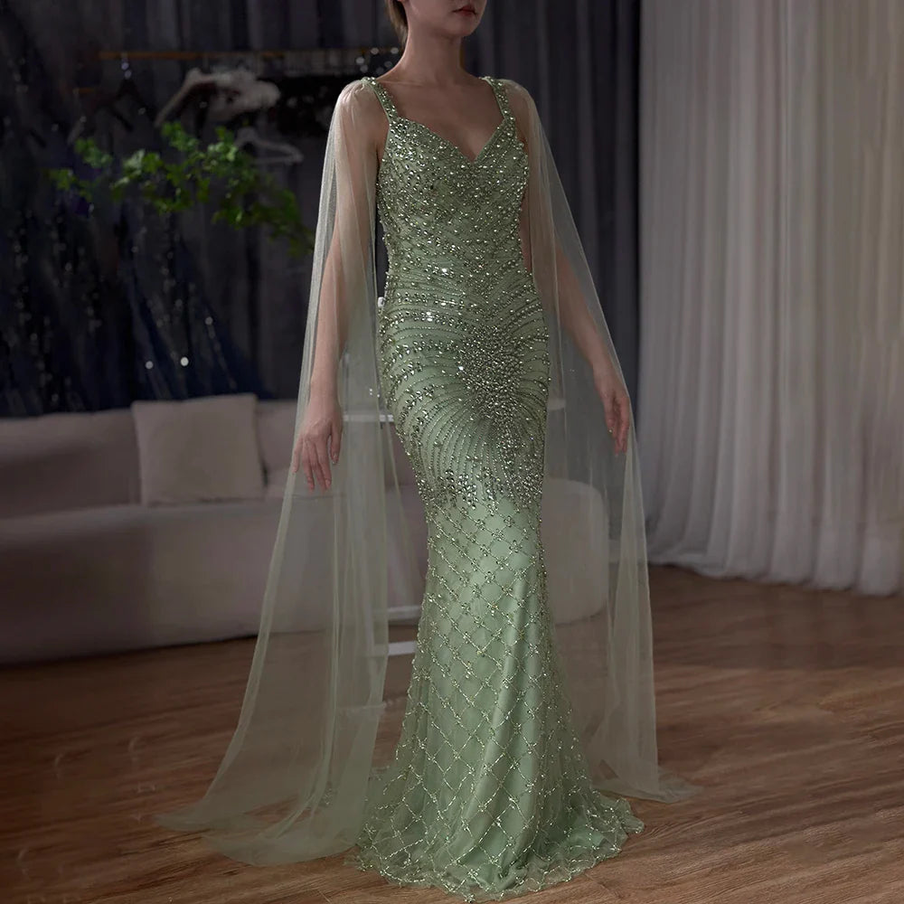 2025 Arabic Nude Mermaid Cape Sleeve Beaded Luxury Saudi Evening Gown for Formal Occasion LA72748