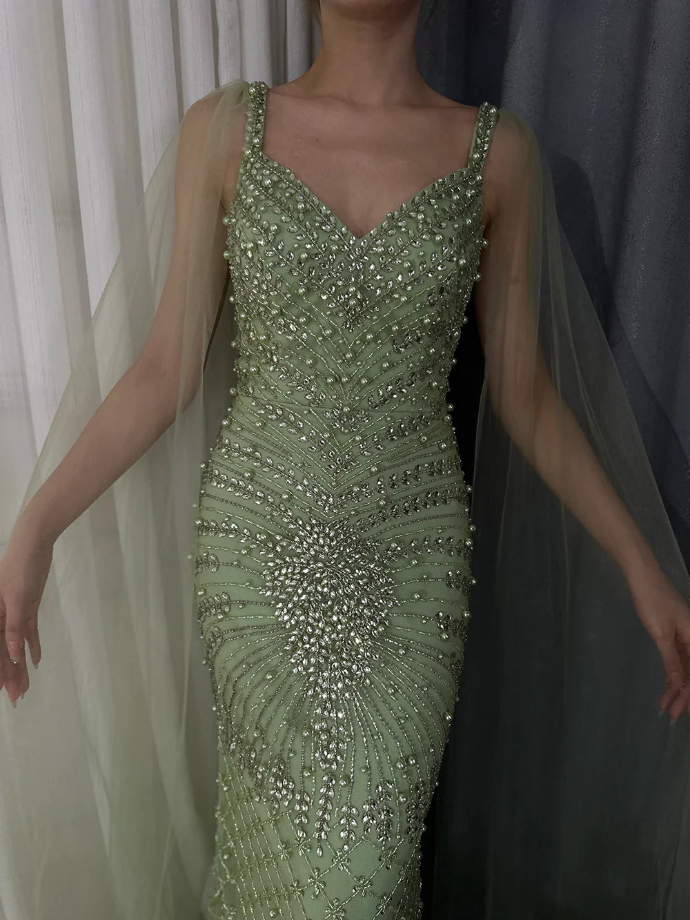 2025 Arabic Nude Mermaid Cape Sleeve Beaded Luxury Saudi Evening Gown for Formal Occasion LA72748