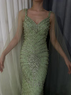2025 Arabic Nude Mermaid Cape Sleeve Beaded Luxury Saudi Evening Gown for Formal Occasion LA72748