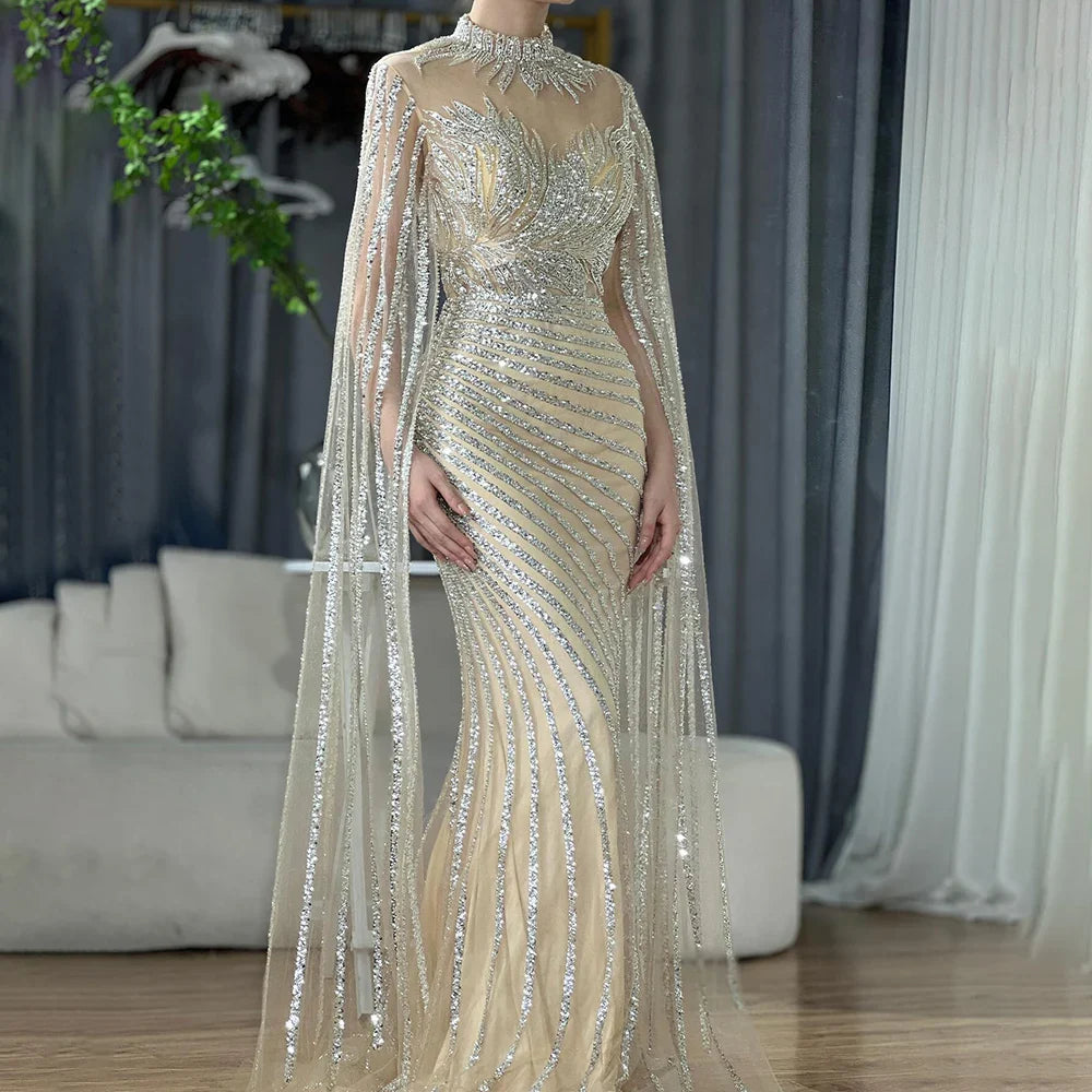 2025 Arabic Nude Mermaid Cape Sleeves Lace Beaded Long Evening Dresses Gowns for Formal Occasion LA71885B