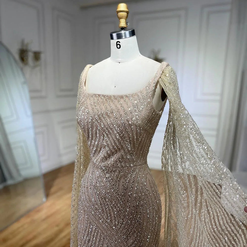 2025 Arabic Nude Mermaid Elegant Cape Sleeves Beaded Luxury Evening Dresses Gowns for Women Wedding Party LA72320
