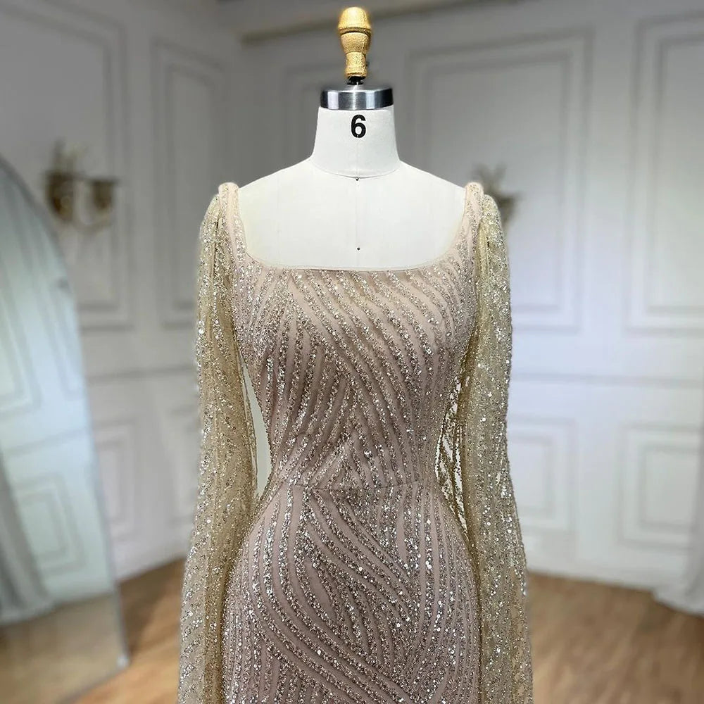 2025 Arabic Nude Mermaid Elegant Cape Sleeves Beaded Luxury Evening Dresses Gowns for Women Wedding Party LA72320