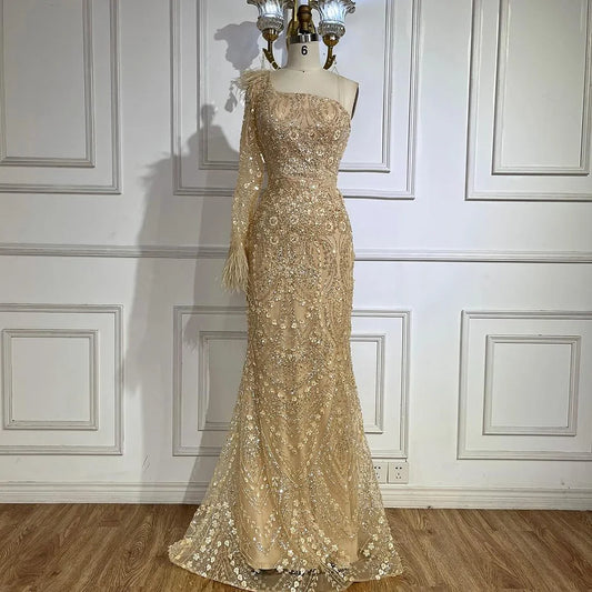 2025 Arabic Nude One Shoulder Beaded Feathers Luxury Dubai Evening Gowns for Women's Party LA72546A