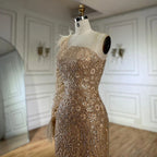 2025 Arabic Nude One Shoulder Beaded Feathers Luxury Dubai Evening Gowns for Women's Party LA72546A