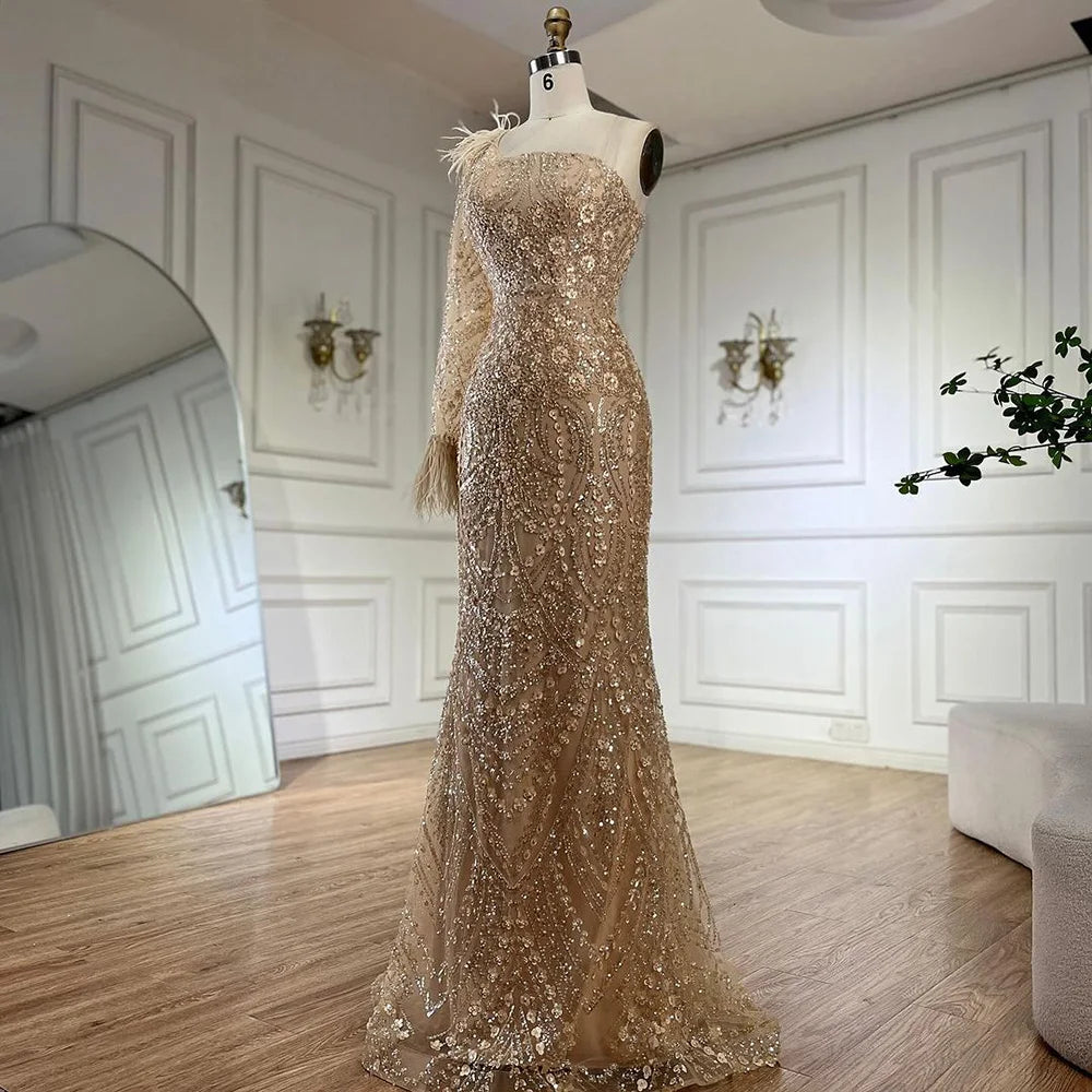 2025 Arabic Nude One Shoulder Beaded Feathers Luxury Dubai Evening Gowns for Women's Party LA72546A