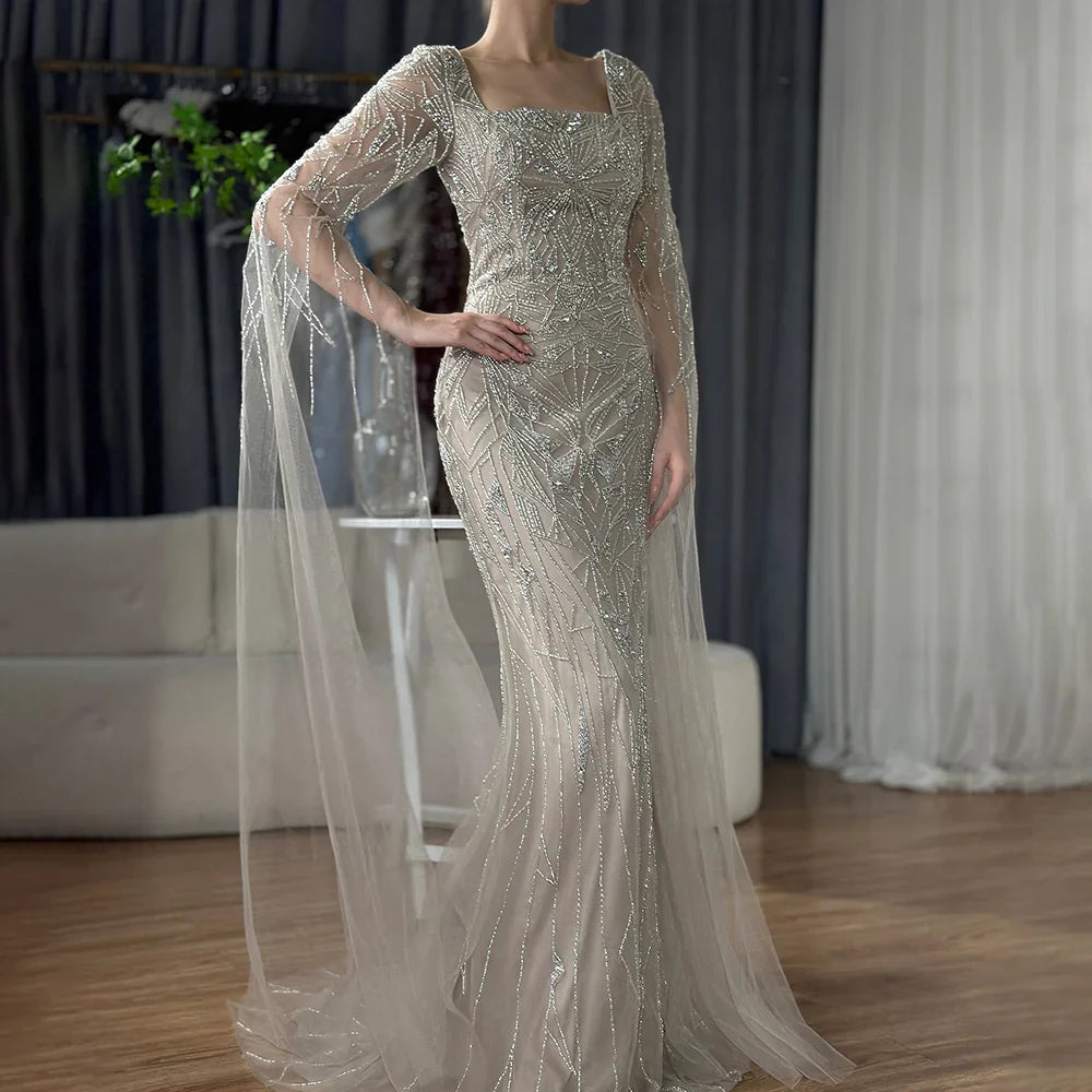 2025 Arabic Nued Cape Sleeves Mermaid Saudi Evening Dresses Beaded Luxury Party Gowns for Formal Occasion LA72261B