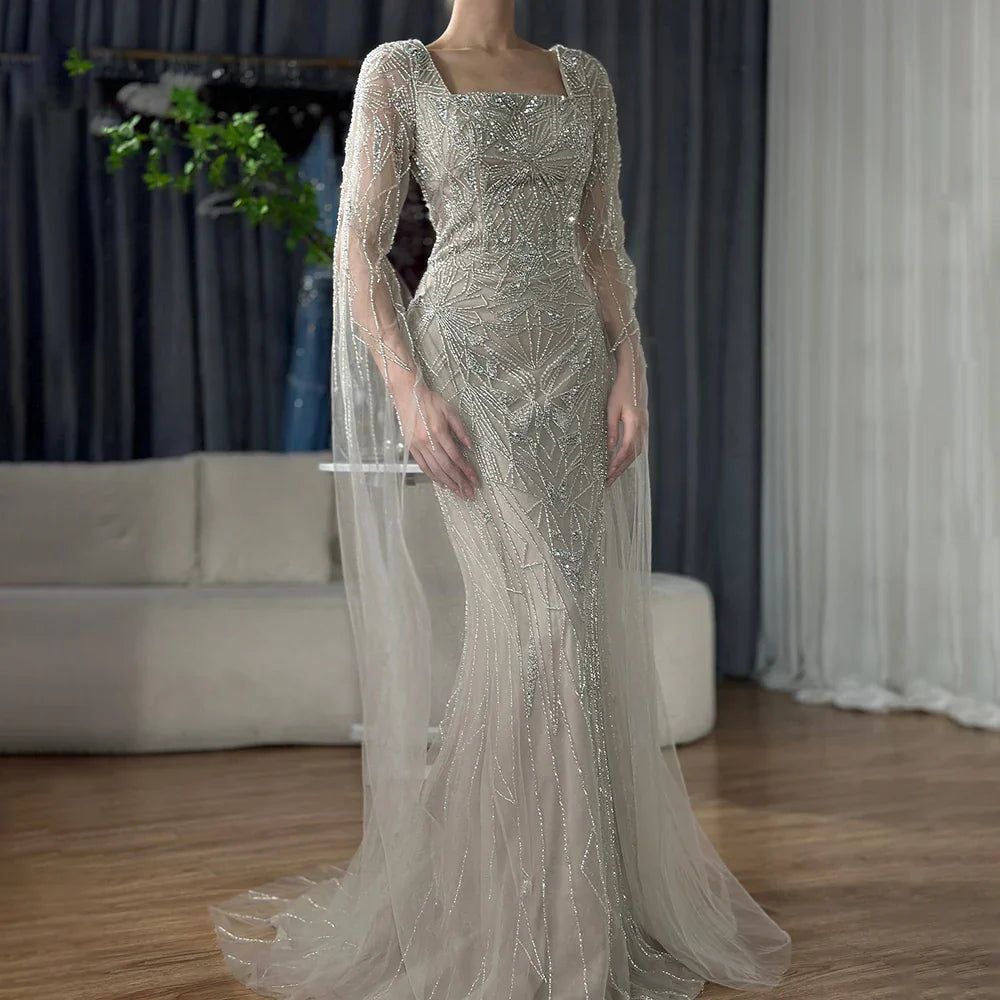 2025 Arabic Nued Cape Sleeves Mermaid Saudi Evening Dresses Beaded Luxury Party Gowns for Formal Occasion LA72261B