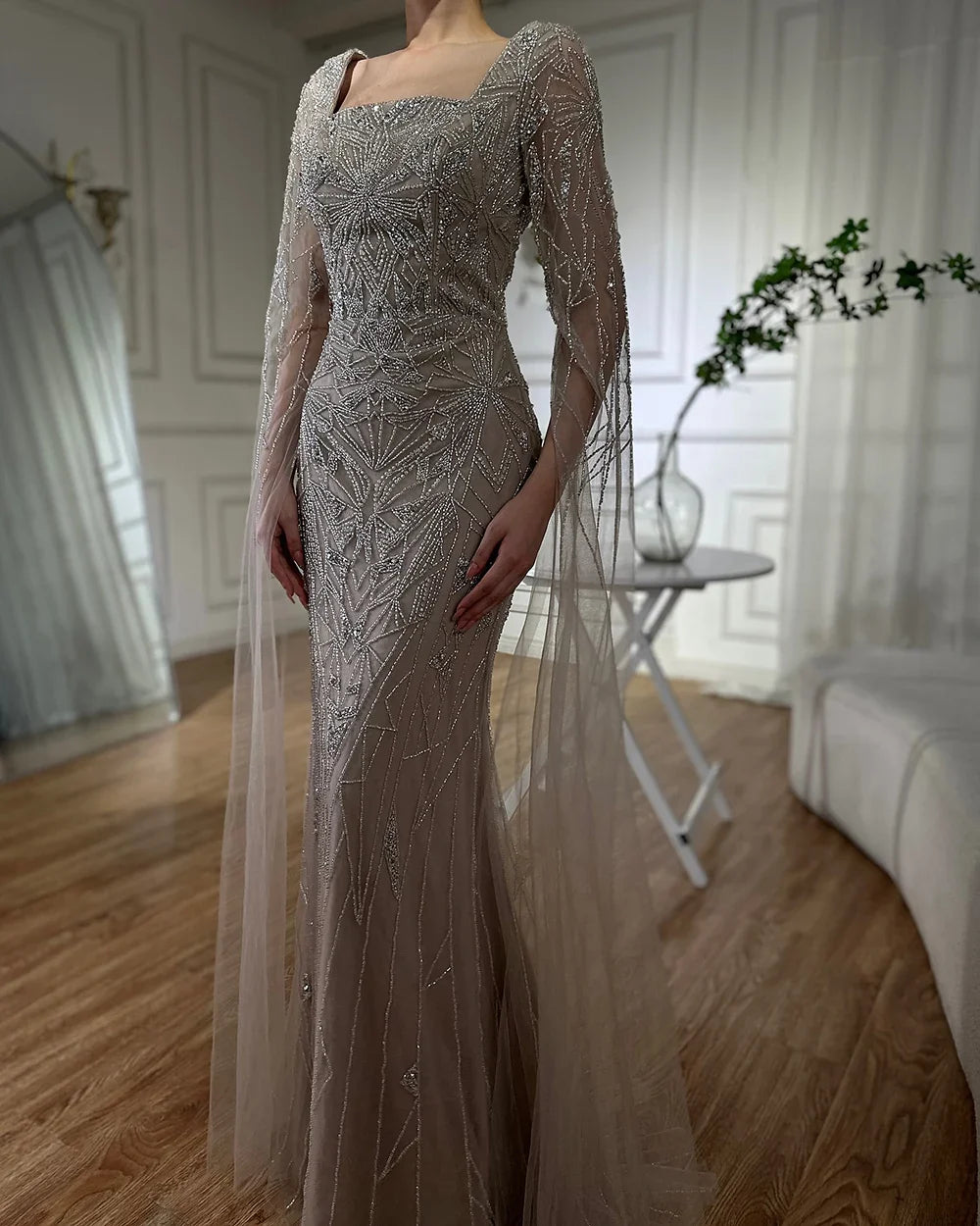 2025 Arabic Nued Cape Sleeves Mermaid Saudi Evening Dresses Beaded Luxury Party Gowns for Formal Occasion LA72261B