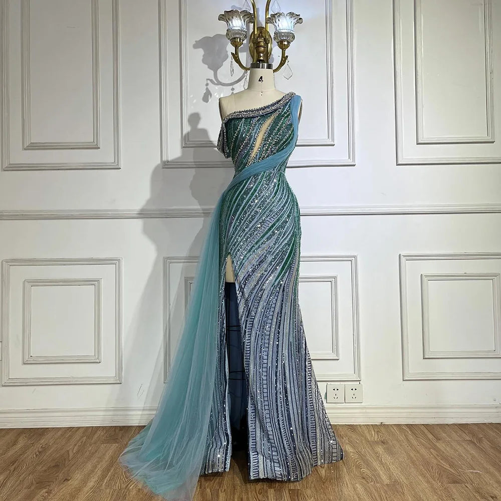2025 Arabic One-Shoulder High Split Blue Mermaid Gown Luxury Beaded Saudi Evening Dress for Formal Occasion LA72718