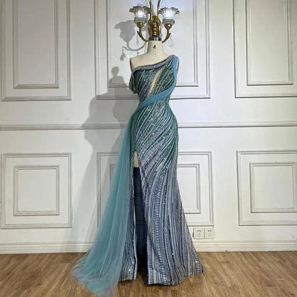 2025 Arabic One-Shoulder High Split Blue Mermaid Gown Luxury Beaded Saudi Evening Dress for Formal Occasion LA72718