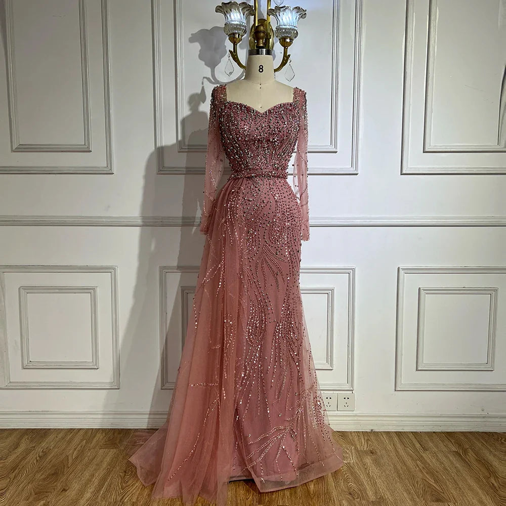 2025 Arabic Pink Elegant Mermaid Gowns with Luxury Beaded Overskirt for Women Wedding Party LA72441