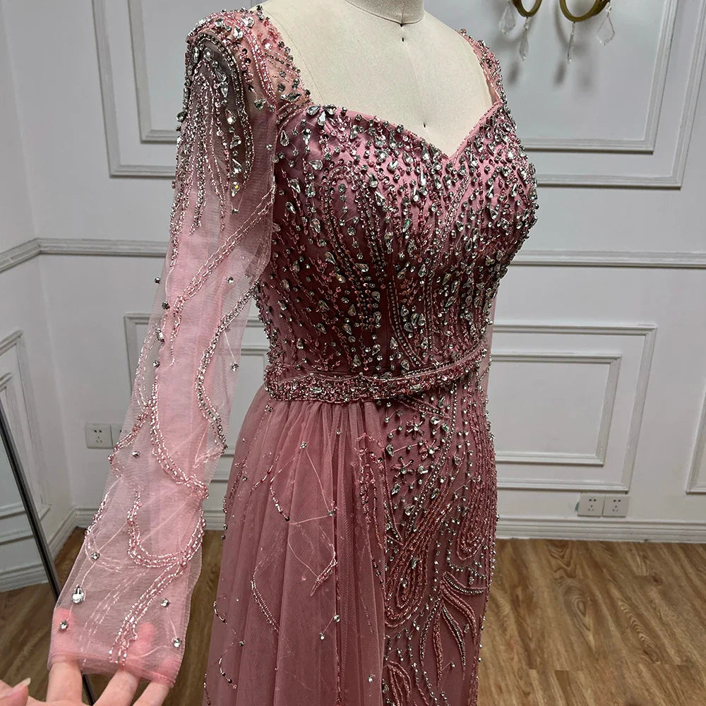 2025 Arabic Pink Elegant Mermaid Gowns with Luxury Beaded Overskirt for Women Wedding Party LA72441